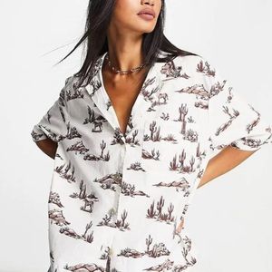 Mango Western Horse Cactus Print Short Sleeve Button Down Shirt, size S